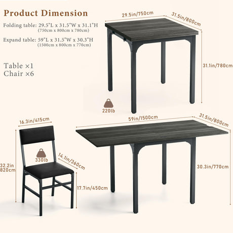 7-Piece Dining Table Set for 4-6, Extendable Kitchen Table Cushion Chairs Set of 6 with 6 Chairs, Rectangle Dining Table with Metal Frame & MDF Board, Folding for Small Apartment Saving Space,Grey Oak HUAHUU