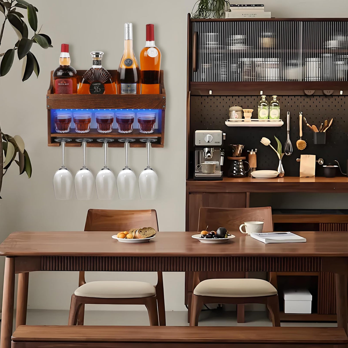 TIRYIUOU 2 Pack Wall Mounted Wine Rack, Wood LED Wine Glass Rack, Bar Shelf, Wine Glass Holder Wall Mounted, Floating Bar Shelves for Kitchen, Dining Room, Home Bar TIRYIUOU