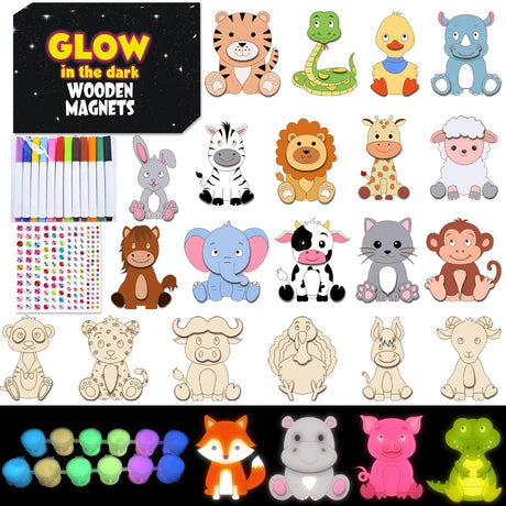 Yizeda 30 Pcs DIY Jungle Safari Wooden Magnets, Wooden Art Craft Supplies Painting Kit for Kids Ages Glow in The Dark Party Favors Goodie Bag Stuffers Birthday Gifts Toys for Boys Girls Yizeda