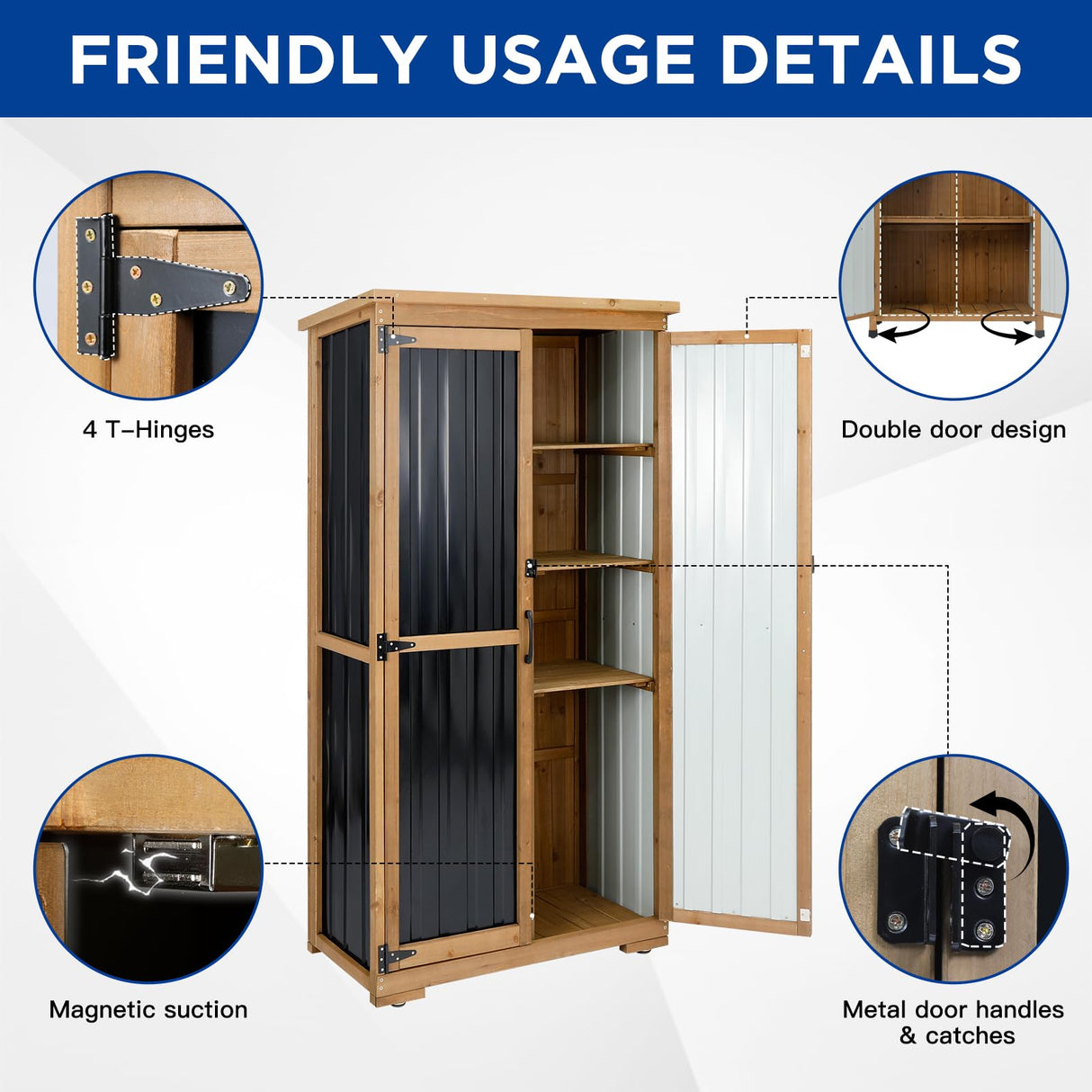 Outdoor Storage Cabinet Wood & Metal with Waterproof Roof, Garden Tool Shed with 3 Removable Shelves, 4 adjustable reinforced feet with metal brackets, 6 T-Hinge, magnetic door,15.6"D x 32.3"W x 66"H Gowoodhut