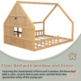 Full Size Floor Bed for Kids: Wood Montessori Bed with Fence & LED Light Full House Bed with Rails | Window Design for Girls Boys - Natural Mirightone