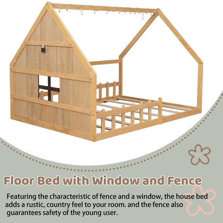 Full Size Floor Bed for Kids: Wood Montessori Bed with Fence & LED Light Full House Bed with Rails | Window Design for Girls Boys - Natural Mirightone