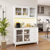 SILKYDRY 73” Kitchen Pantry Storage Cabinet, Buffet Hutch w/Power Outlets & Led Lights, Tall Cupboard w/Wine Glass Racks, Adjustable Shelves, Drawers, Microwave Stand for Dining Room (White) SILKYDRY