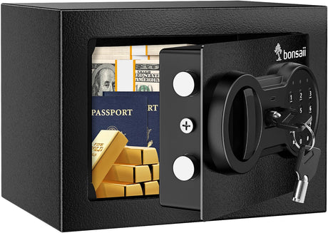 Bonsaii Safe Box with Electronic Keypad, Steel Security Lock Box with Key, 0.23 Cubic Feet, 9.06" W x 6.69" D x 6.69" H, Small Hidden Safe for Cash Jewelry bonsaii