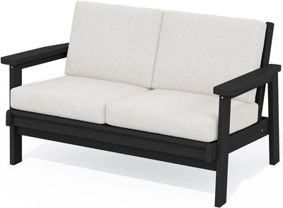 SERWALL HDPE Outdoor Patio Loveseat, Black Frame and Khaki Cushion