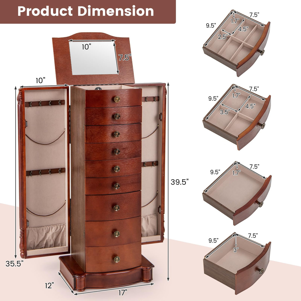 Giantex Large Jewelry Armoire Cabinet with 8 Drawers & 2 Swing Doors 16 Hooks Top Mirror Boxes, Standing Cambered Front Storage Chest Stand, Large Standing Jewelry Armoire, Dark Walnut Giantex