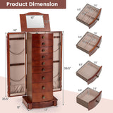 Giantex Large Jewelry Armoire Cabinet with 8 Drawers & 2 Swing Doors 16 Hooks Top Mirror Boxes, Standing Cambered Front Storage Chest Stand, Large Standing Jewelry Armoire, Dark Walnut Giantex