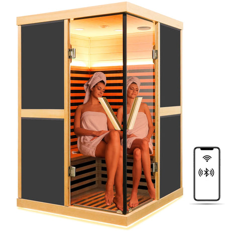 2 Person Infrared Sauna,Far Infrared Home Sauna Room,1980W Light Therapy Lamp Dry Sauna for Home,Canadian Hemlock Indoor Corner Sauna Spa with Bluetooth Speaker,for Unwell Men,Women,Elderly InfraHHZQ