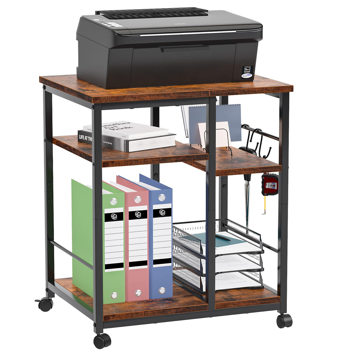 Furologee Printer Stand, 3 Tier Printer Table for Home Office Organization, Mobile Printer Cart with Wheels and 2 Hooks, Under Desk Shelf with Storage, for Living Room, Kitchen, Rustic Brown Furologee