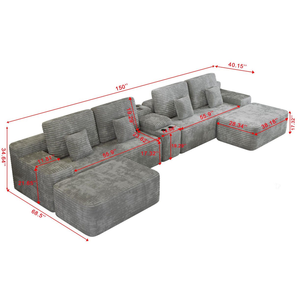 GUANGHONG 150 Inch U-Shaped Sectional Couch with Multi Functional Console, Oversized Modular Corduroy Sofa with 2 Ottomans, 5-Seater Modern Deep Seat Boneless Cloud Couch for Living Room, Light Gray GUANGHONG