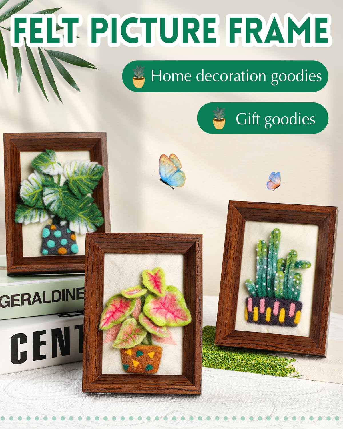 OEHPICC Needle Felting Kits for Beginners Adult, Wool Felting Kit with Frame & Tools, Needle Felt Painting Kit Includes Felting Needles, Fabric Sheet, Instructions (3 Potted Plants) OEHPICC