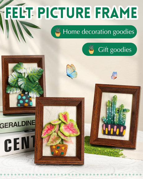 OEHPICC Needle Felting Kits for Beginners Adult, Wool Felting Kit with Frame & Tools, Needle Felt Painting Kit Includes Felting Needles, Fabric Sheet, Instructions (3 Potted Plants) OEHPICC