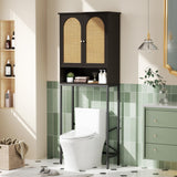 Rattan Door Black Toilet Storage Cabinet with Adjustable Shelf and Metal Stand Befrases