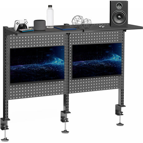 VIVO Steel Triple Clamp 47 x 31 inch Desk Pegboard System with 2 Monitor Mounts and Storage Shelf, Fits up to 32 inch Screens, Office Accessory Organizer, Black, PP-DK48SB VIVO