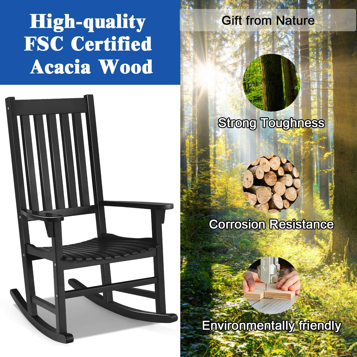 Tangkula Acacia Wood Porch Rocking Chair Set, Wooden Rocking Chair Rocker with High Back & Armrest for Indoor Outdoor Use, Patio Rocker for Garden Lawn Balcony Backyard Poolside (2, Black) Tangkula