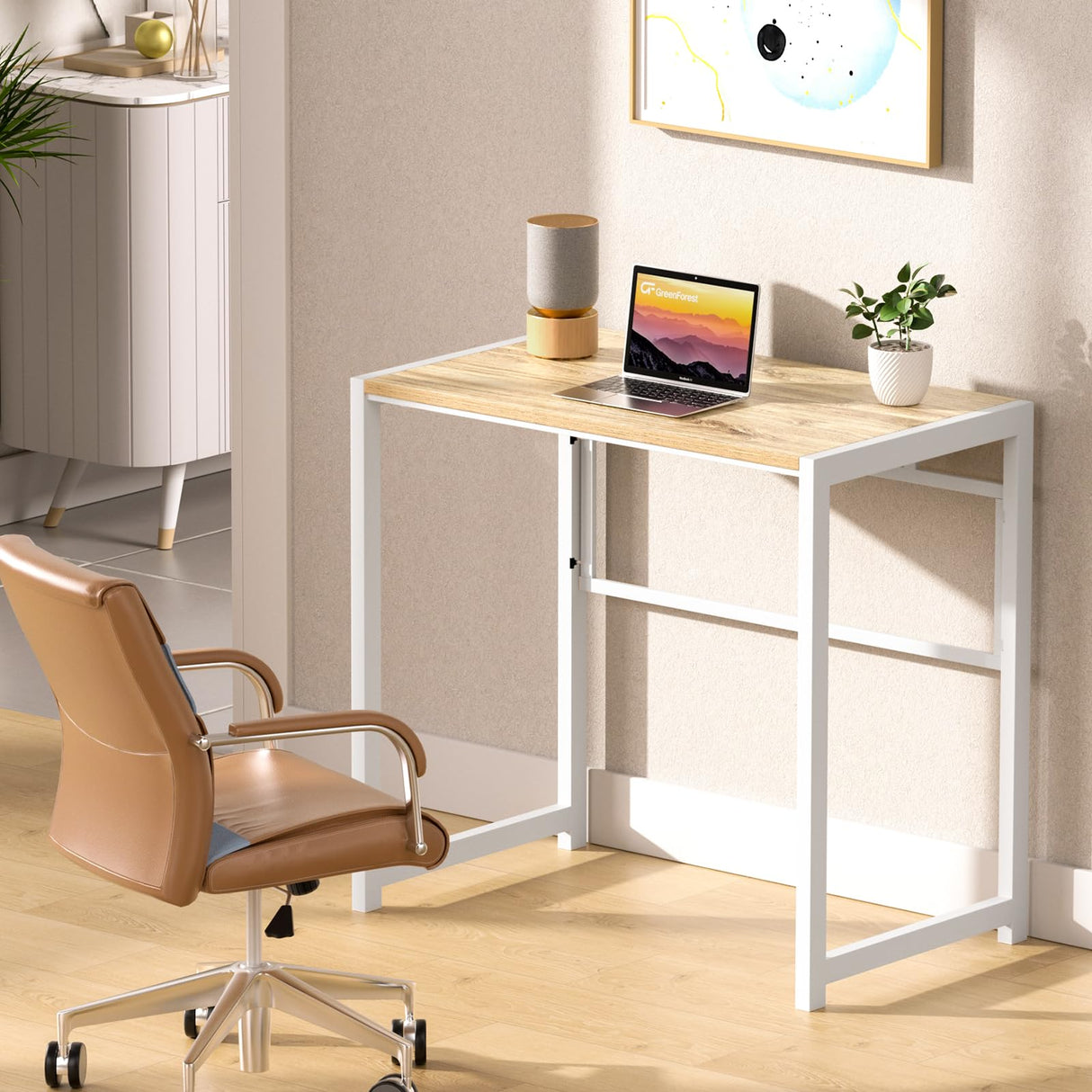 GreenForest Folding Desk No-Assembly,31.5 in Small Desk for Small Spaces Computer Desk for Home Office,Space Saving Foldable Table Study Writing Desk,Oak White GreenForest