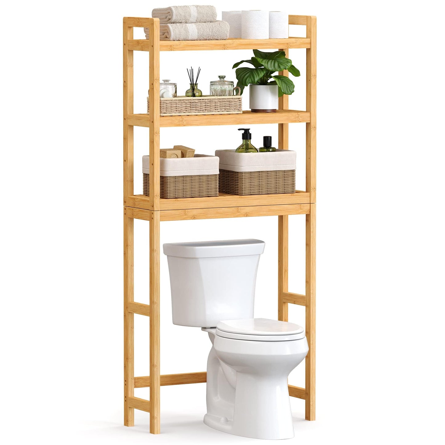 SONGMICS Over The Toilet Storage, 3-Tier Bamboo Over Toilet Bathroom Organizer with Adjustable Shelf, Fit Most Toilets, Space-Saving, Easy Assembly, Natural UBTS001N01