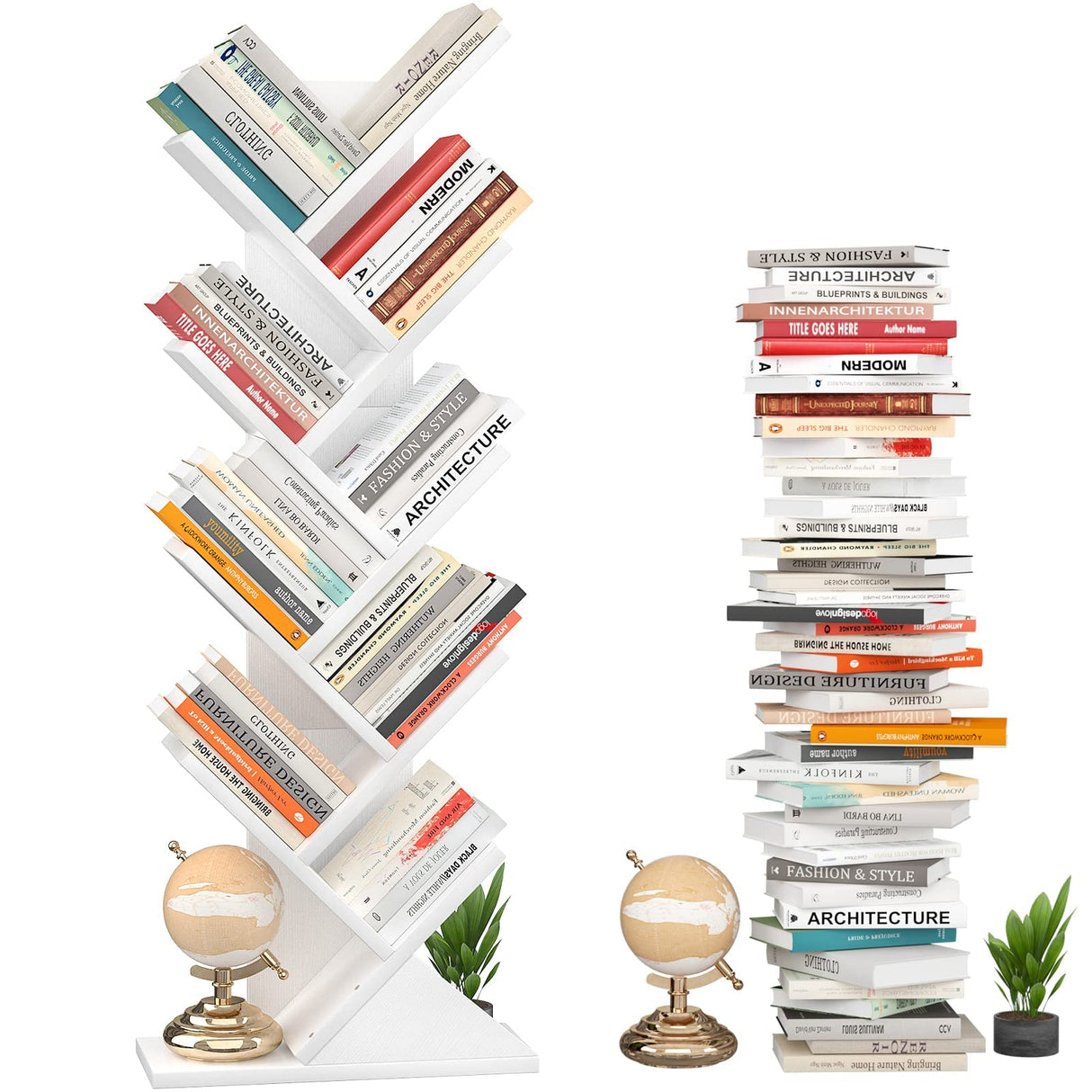 Topfurny Tree Bookshelf, 9-Tier Shelf Rustic Brown Bookcase, Retro Wood Storage Rack for CDs/Movies/Books, Anti-Fall Utility Organizer Shelves for Living Room, Bedroom, Home Office, White Topfurny