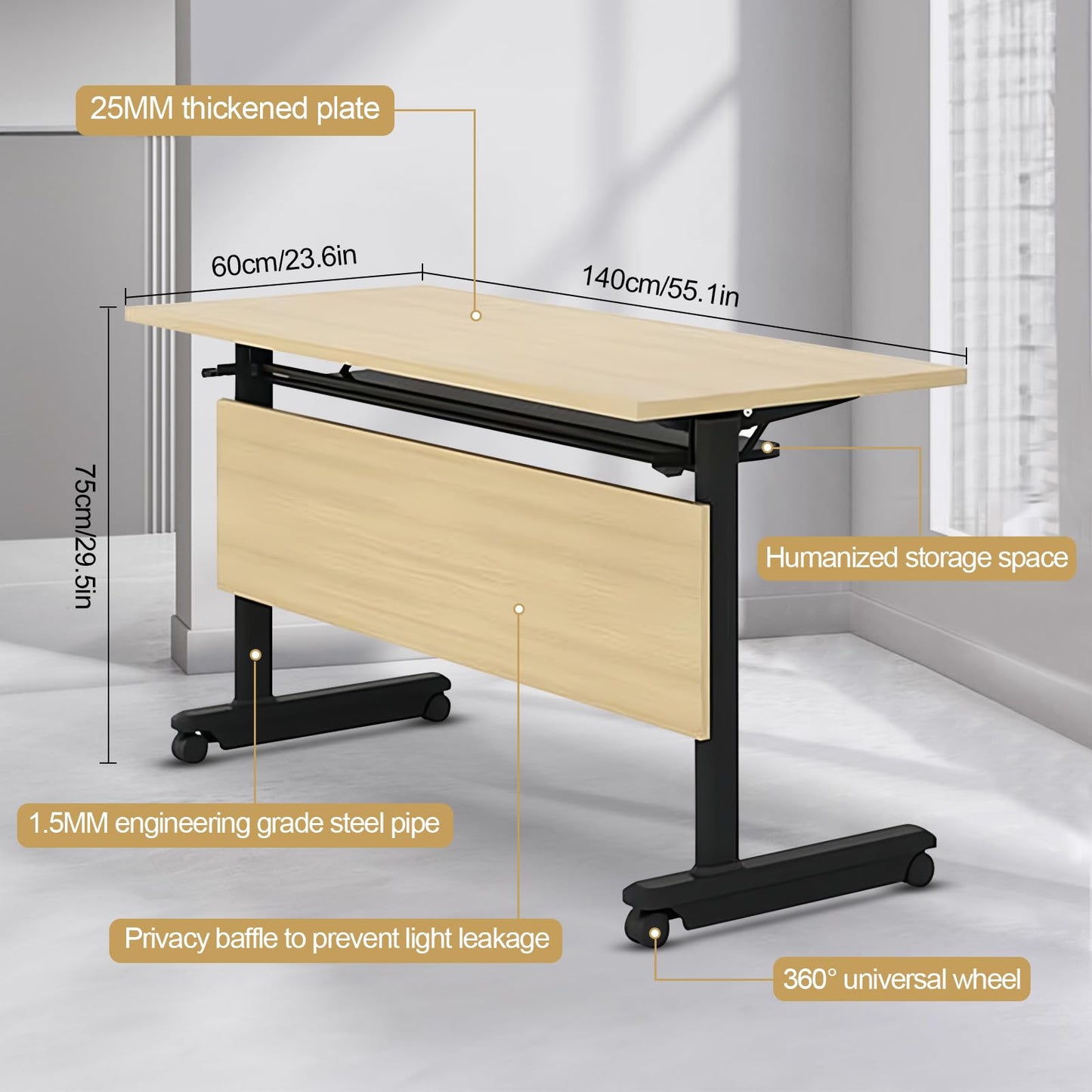 55in conference table,modern wood color office folding Flip Top Mobile Training Table With chair 55"D x 23.6"W x 29.5"H with wheels is convenient suitable for office meeting room classroom use (3Pcs )