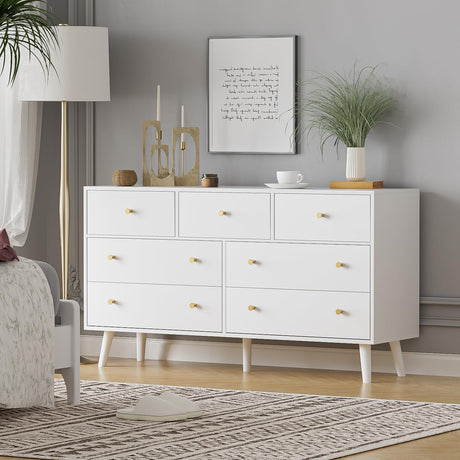Wananlanen 7 Drawers Dresser for Bedroom, 55'' Dressers & Chests of Drawers with Gold Handles and 7 Large Drawer, Modern Double Wooden Storage Organizer Cabinet, Hallway, White Wananlanen