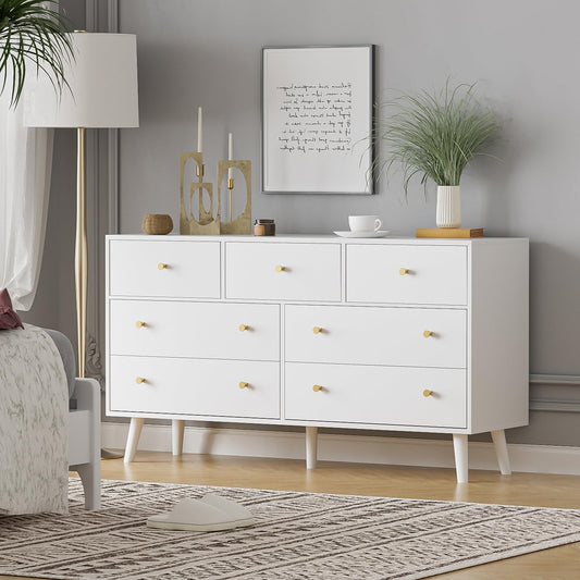 Wananlanen 7 Drawers Dresser for Bedroom, 55'' Dressers & Chests of Drawers with Gold Handles and 7 Large Drawer, Modern Double Wooden Storage Organizer Cabinet, Hallway, White