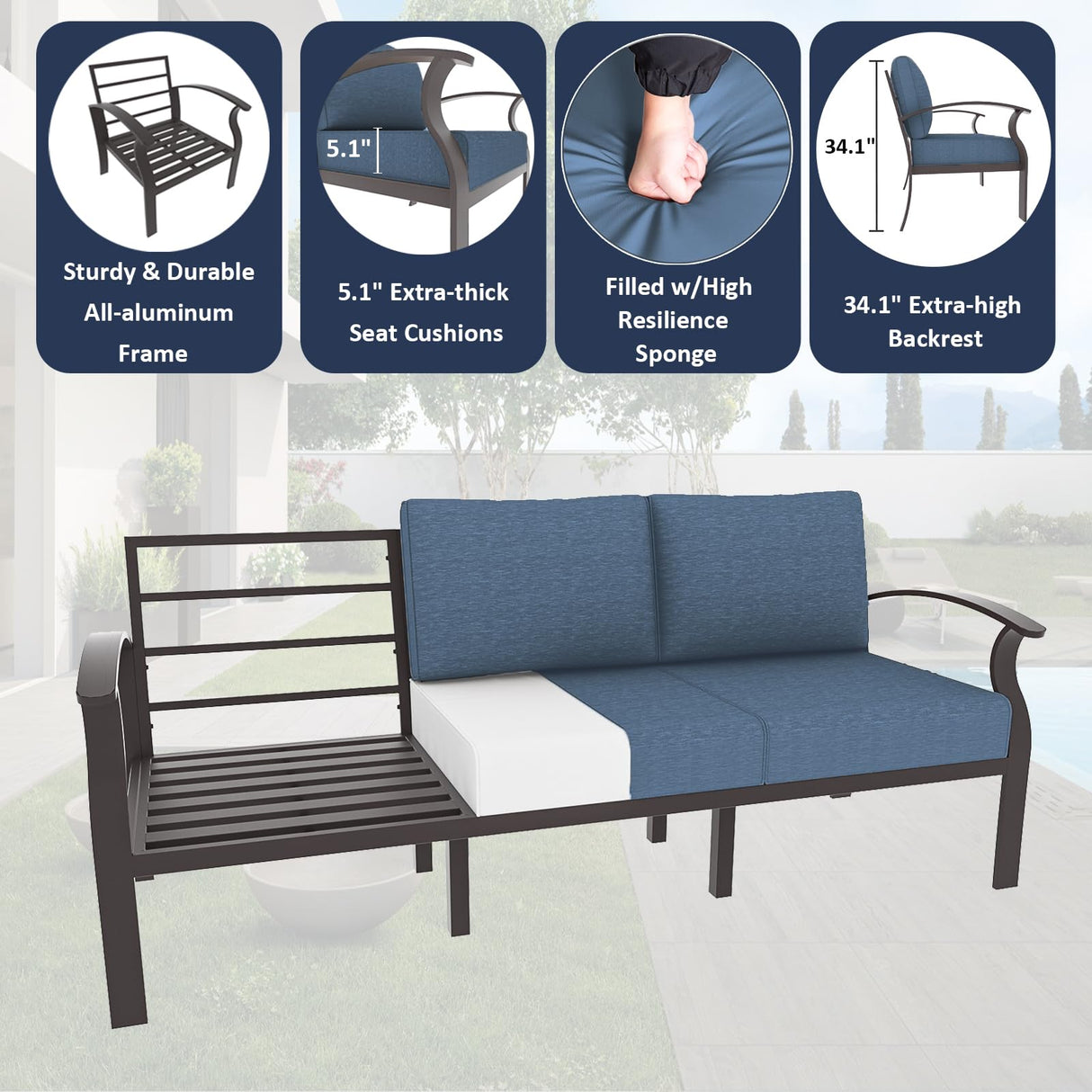 ALAULM Aluminum Patio Furniture Set with 2 Swivel Chairs 7-seat Metal Outdoor Furniture Patio Sectional Sofas Patio Conversation Set w/5.1" Cushions for Patio, Backyard, Poolside-Dark Blue ALAULM