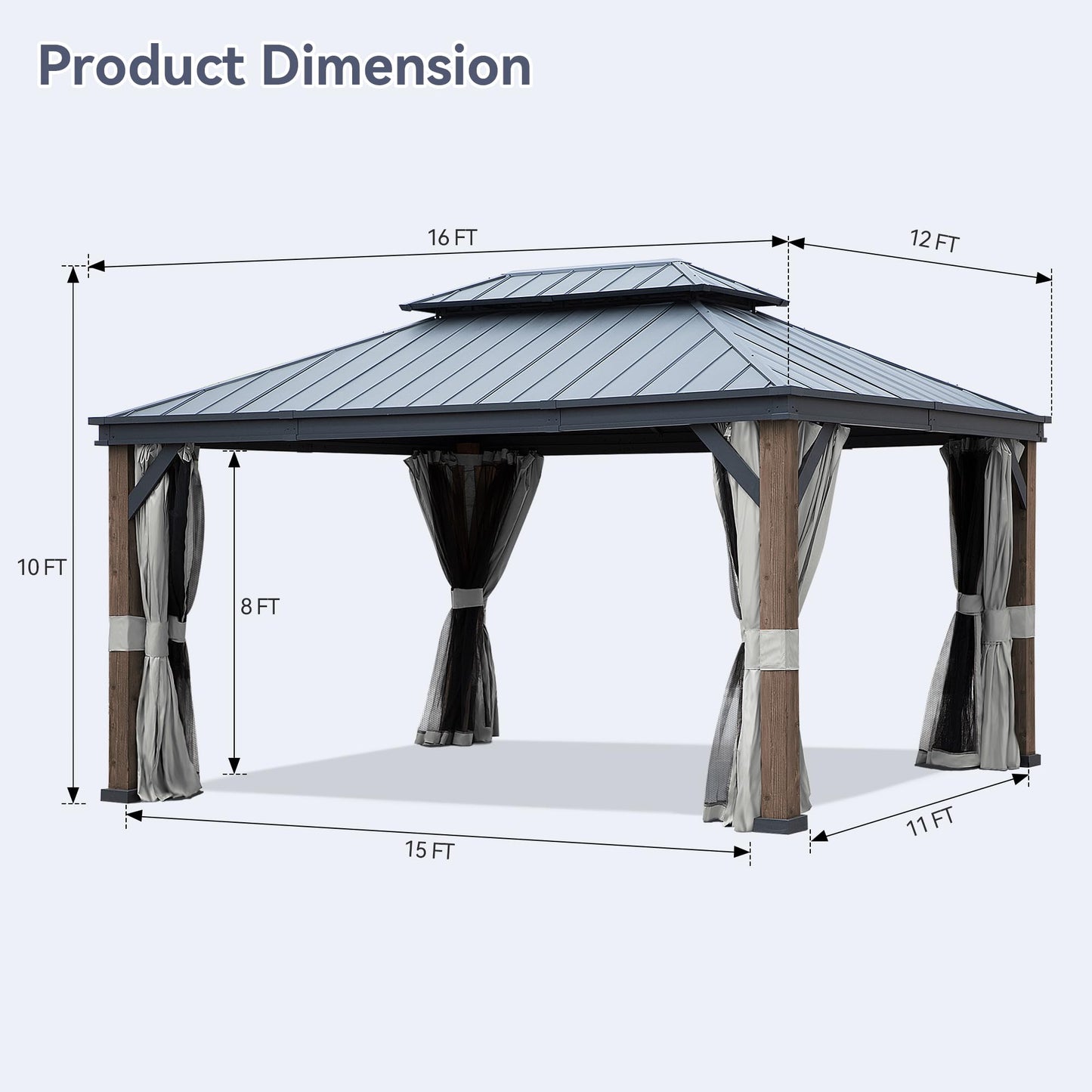 Gardenbee 12x16 ft Wood-Grain Hardtop Gazebo - Outdoor Large Gazebo with Double-Vented Top Rustproof Aluminum Frame, Curtains Included, Suitable for Patio Backyard(Dark Brown Wood Grain) - WoodArtSupply