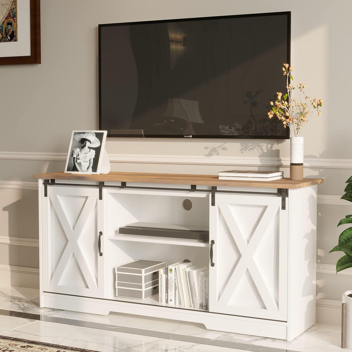 4 EVER WINNER White TV Stand for 65 inch TV for Living Room, Modern Farmhouse Barn Door TV Stand with Storage Cabinets and Adjustable Shelves for Bedroom, Media Entertainment Center TV Console Table 4 EVER WINNER