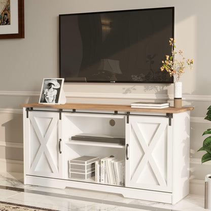 4 EVER WINNER White TV Stand for 65 inch TV for Living Room, Modern Farmhouse Barn Door TV Stand with Storage Cabinets and Adjustable Shelves for Bedroom, Media Entertainment Center TV Consol - WoodArtSupply