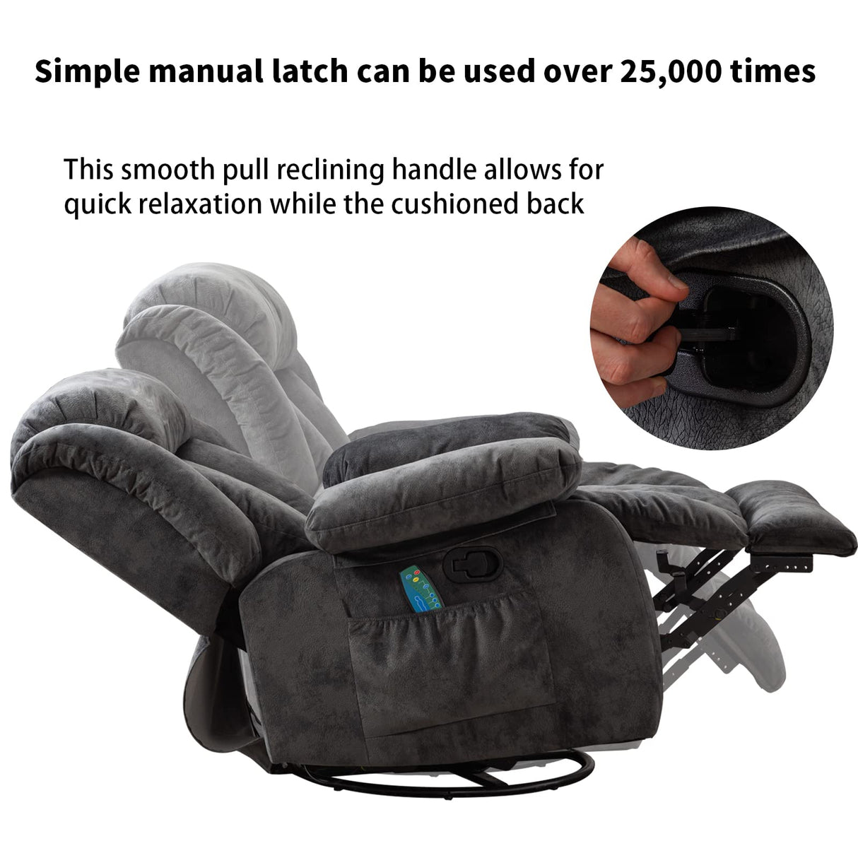 CANMOV Massage Swivel Rocker Recliner Chair with Heat and Vibration,360 Degree Manual Swivel Rocking Recliners with Side Pocket, Comfy Fabric Single Sofa Reclining Chair for Living Room, Grey CANMOV