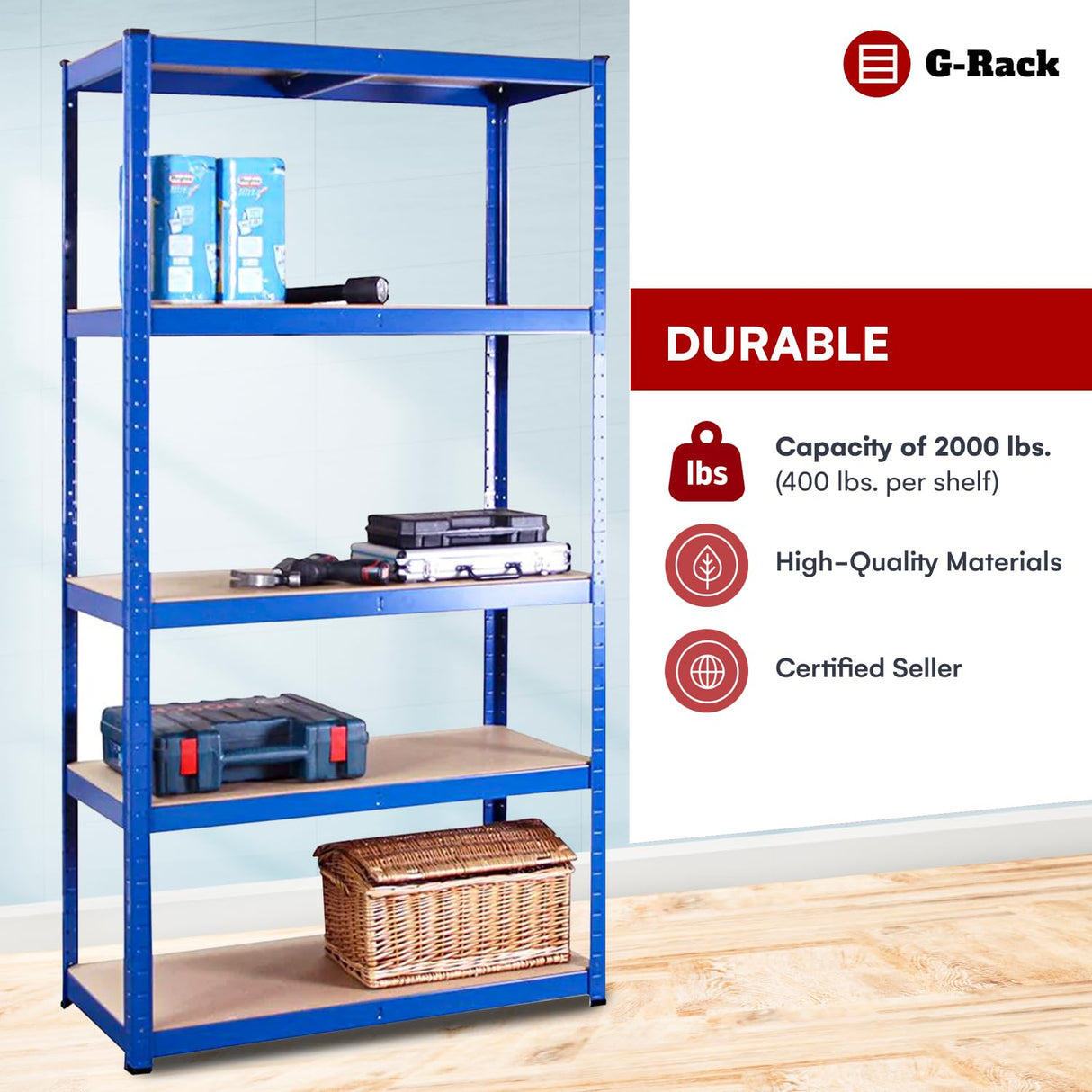 Garage Shelving Units - 71" H x 35" L x 12" W - Heavy Duty Racking - Shelves for Storage -1 Bay - Blue - 5 Tier - 2000LB Capacity (400LB Per Shelf) - Workshop, Shed, Office - 5 Year Warranty G-Rack