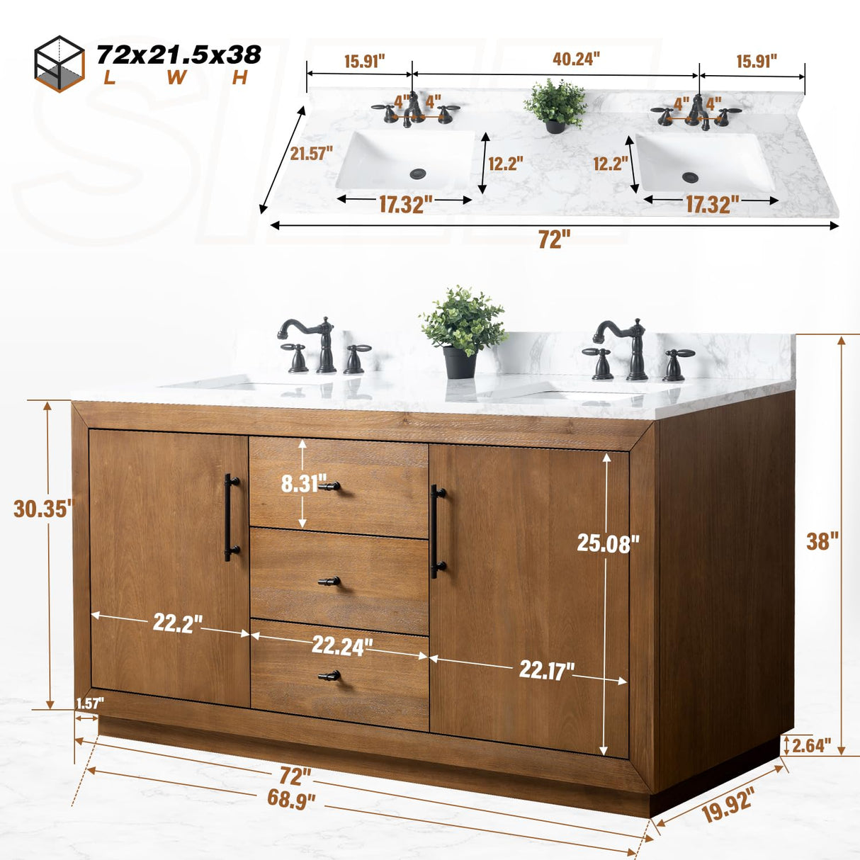 Vanity Art 72 inch Double Sink Bathroom Vanity, Modern Wood Bath Vanity with Carrara Marble Top, Vanity Cabinet with Doors, Removable Shelf, Solid Wood Frame, Tan, VA7072DE Vanity Art