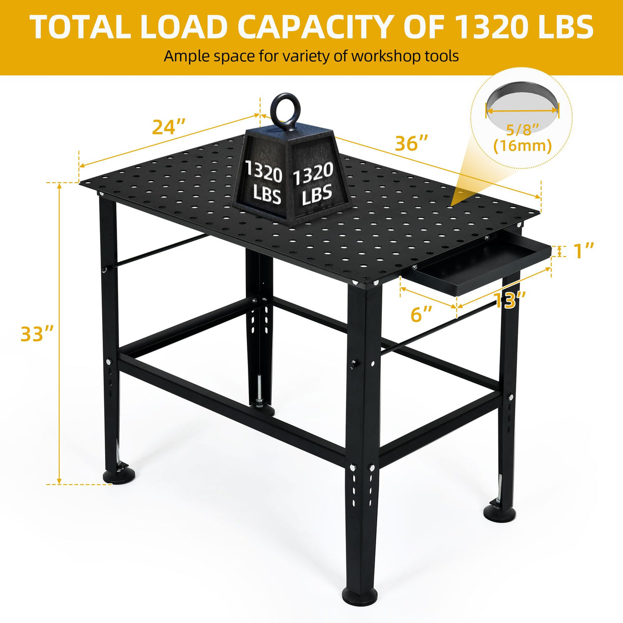 DWVO Welding Table, 36" x 24" Welding Table Top with 5/8" Holes, 0.12" Thick Fabrication Table, 1320lb Load Capacity Fixture Table, Heavy Duty Carbon Steel Weld Table for Shop Home Garage Black DWVO