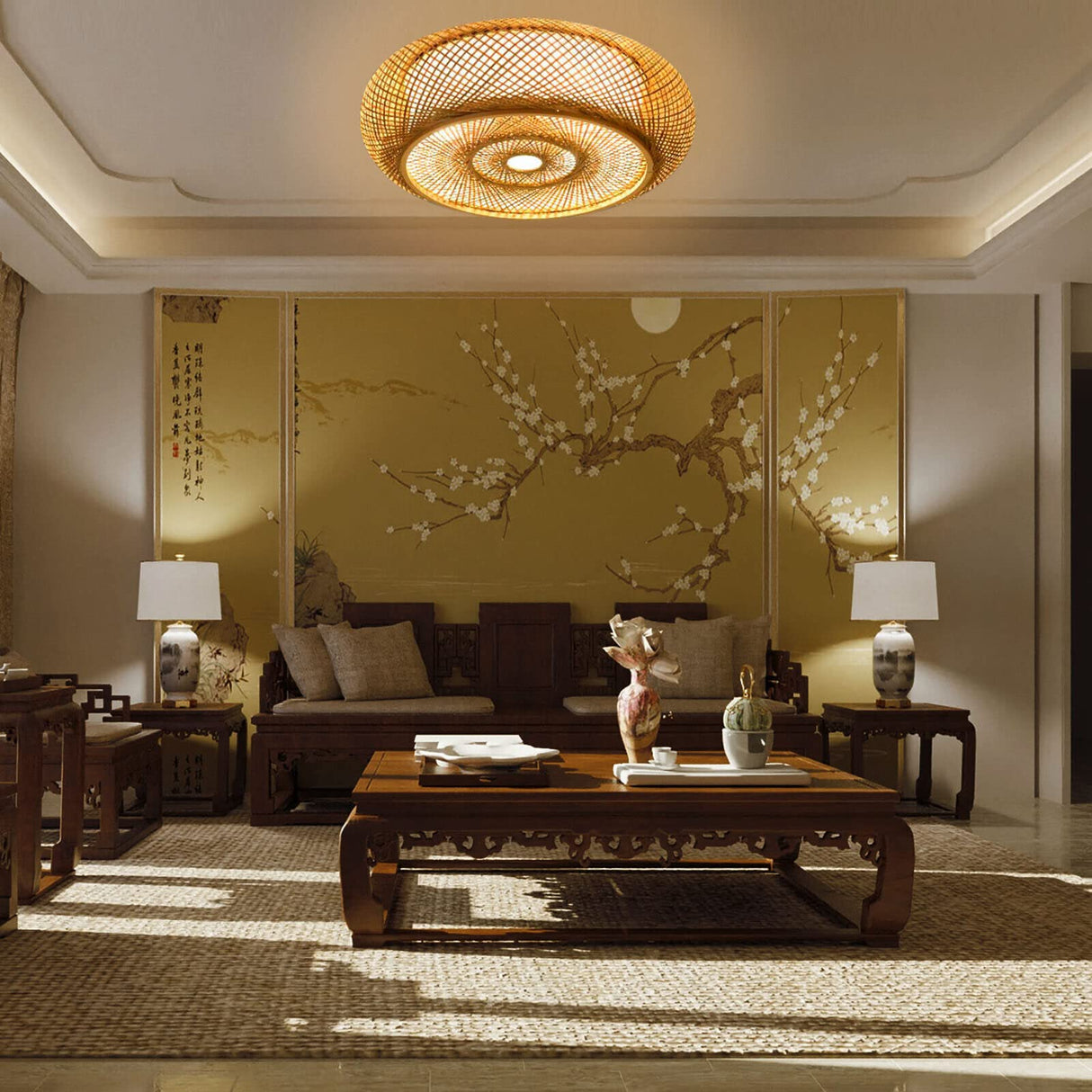 16"Woven Wicker Boho Light Fixtures Ceiling Mount, Hand-Woven Shade Flush Mount Ceiling Light, Farmhouse Rattan Ceiling Light Drum Shade, Flush Mount Chandelier for Bedrooom Nursery Restaurant OUKANING