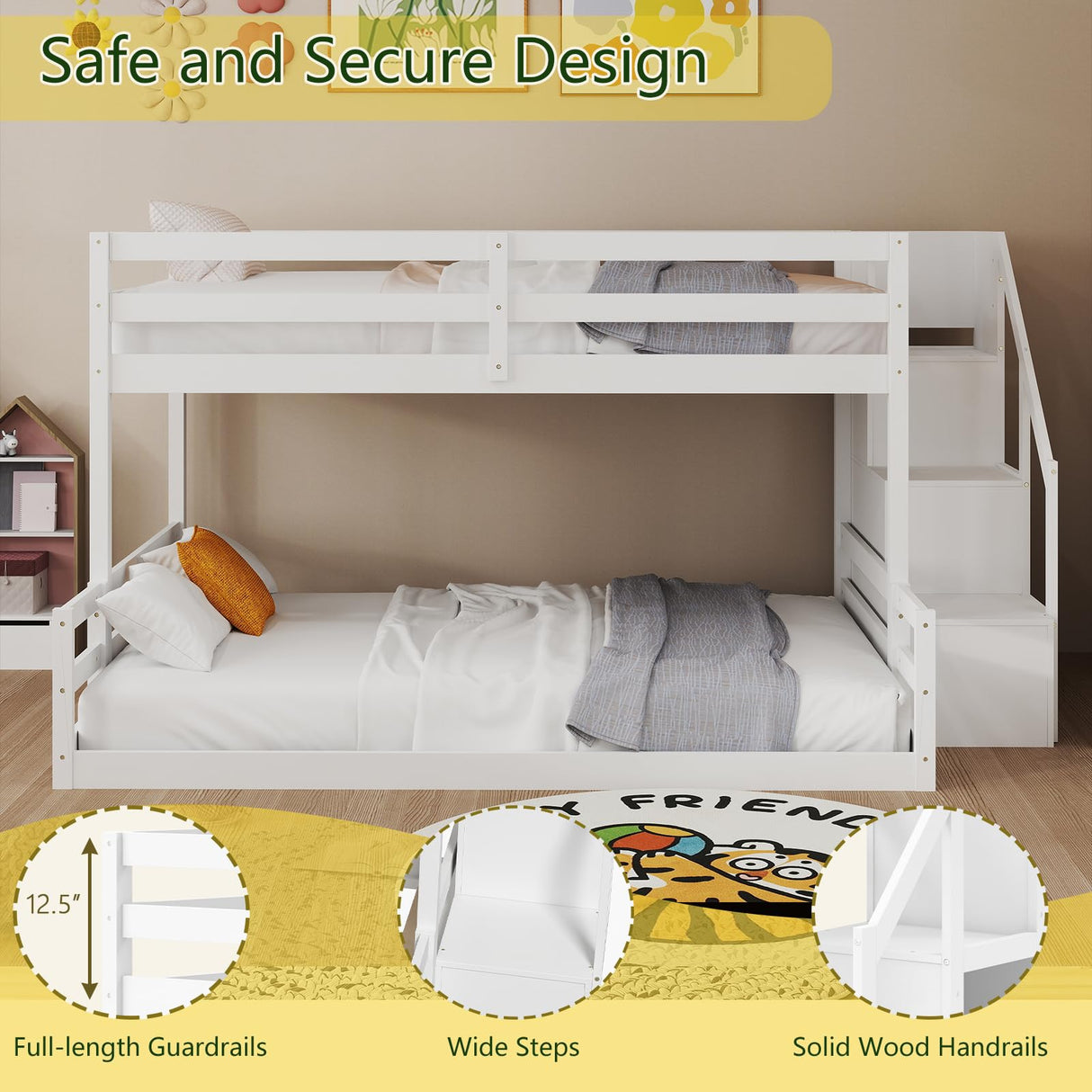 KOMFOTT Wood Twin Over Full Low Bunk Bed with Storage Staircase, Wooden Bunk Bed Frame with Full-Length Guardrails, Low Profile Bunk Bed with Slats Support, No Box Spring Needed (White) KOMFOTT