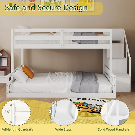 KOMFOTT Wood Twin Over Full Low Bunk Bed with Storage Staircase, Wooden Bunk Bed Frame with Full-Length Guardrails, Low Profile Bunk Bed with Slats Support, No Box Spring Needed (White) KOMFOTT