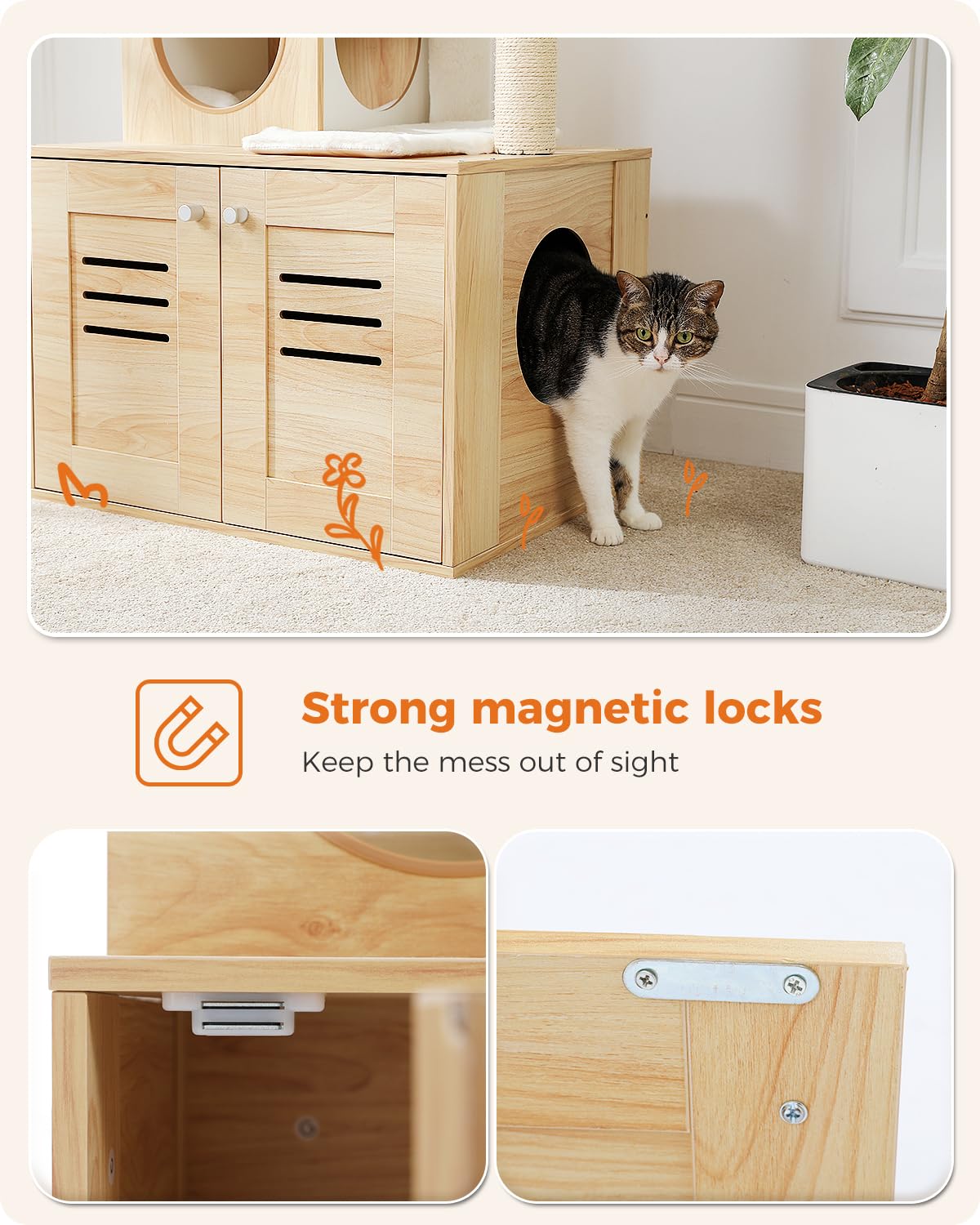 MUTTROS Cat Tree with Litter Box Enclosure, 50" Modern Cat Tree for Large/Fat Cats with Cat Condo, Wooden Cat Furniture with Large Hammock and Top Perch, Beige MUTTROS