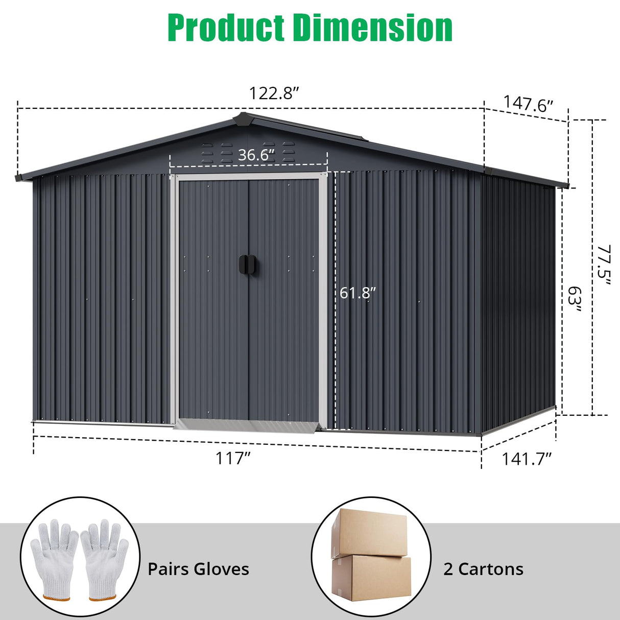 Acekool 10x12 FT Outdoor Metal Storage Shed, Large Garden Tool Shed with Lockable Door and Vents, Waterproof Galvanized Metal Sheds for Tools & Equipment, Garbage Can, Bike, Mower, Gray Acekool