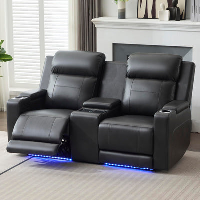 P.H.Furn Power Reclining Loveseat Sofa, Adjustable Headrest, Blue LED Lighting, Home Theater Seating with Storage, Cup Holders, USB, Wireless Charging, Living Room RV
