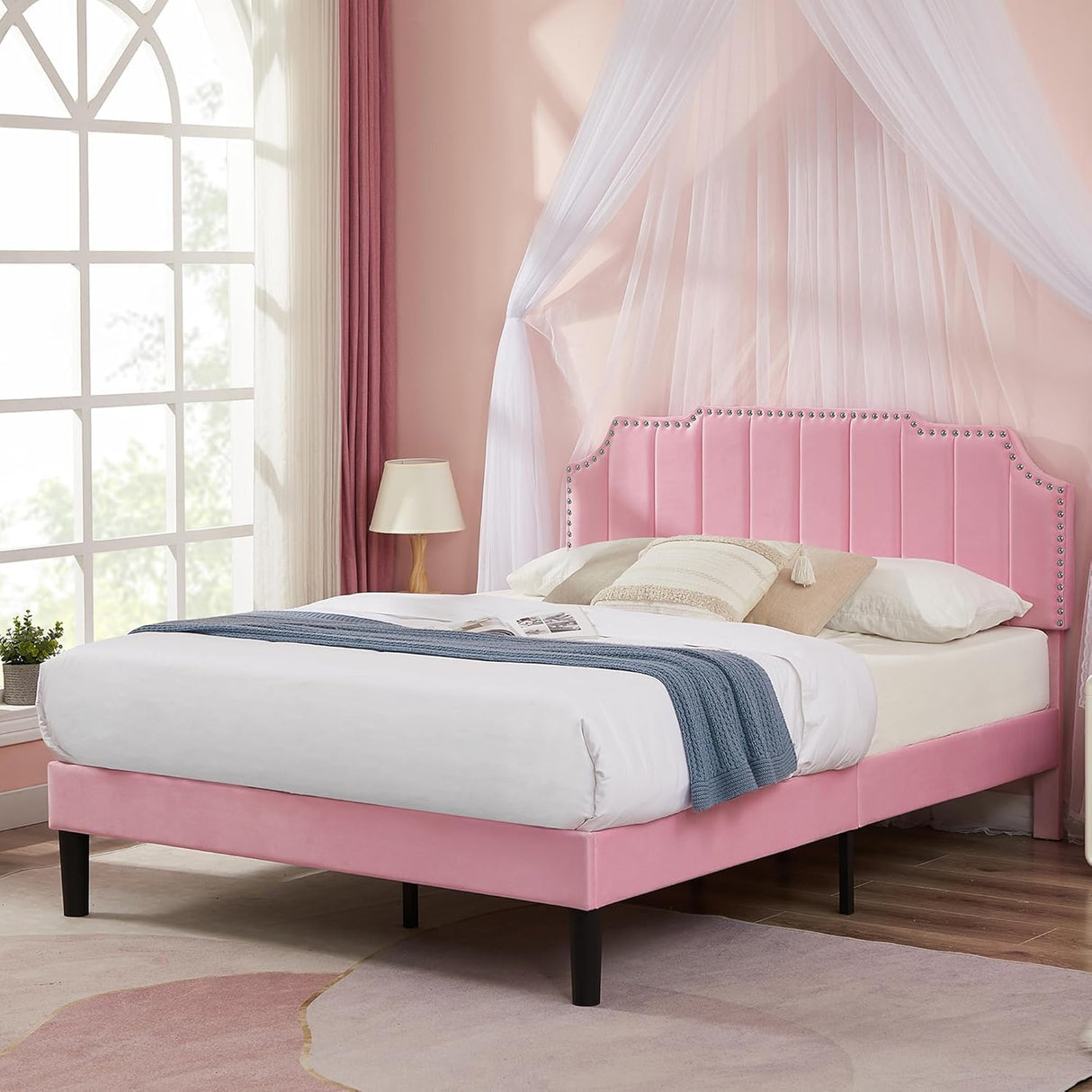 VECELO Queen Upholstered Platform Bed Frame with Tufted Adjustable Headboard/Mattress Foundation/Wood Slat Support,Easy Assembly,Pink VECELO