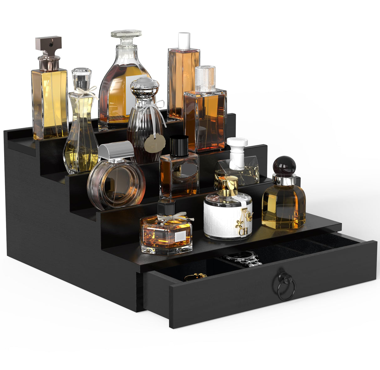 upcessory Cologne Organizer for Men, 4 Tier Black Wood Perfume Organizer with Felt Lining Drawer and Hidden Compartment, Perfume Display Holder, A Gift for Men upcessory