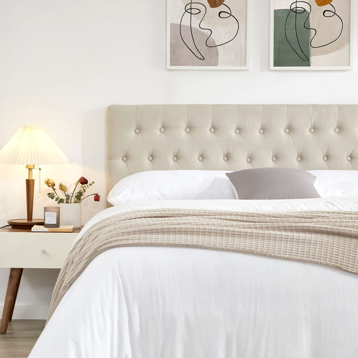 Kingfun Tufted Upholstered Queen Size Bed Headboard in Modern Button Design, Adjustable Solid Wood Head Board, Premium Linen Fabric Padded Headboards in Bedroom (Beige, Queen) Kingfun