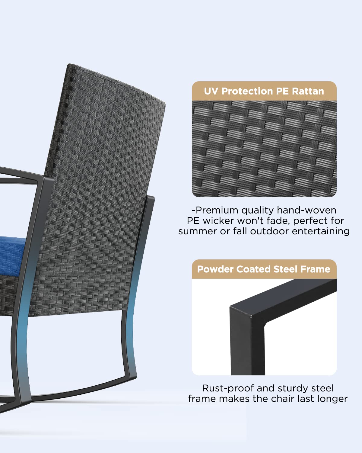 Qsun 3 Piece Patio Bistro Set Patio Furniture Set Outdoor Wicker Rocking Furniture Conversation Set with Tempered Glass Coffee Table for for Front Porch Balcony and Deck (Blue Cushion Qsun