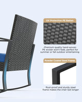Qsun 3 Piece Patio Bistro Set Patio Furniture Set Outdoor Wicker Rocking Furniture Conversation Set with Tempered Glass Coffee Table for for Front Porch Balcony and Deck (Blue Cushion Qsun