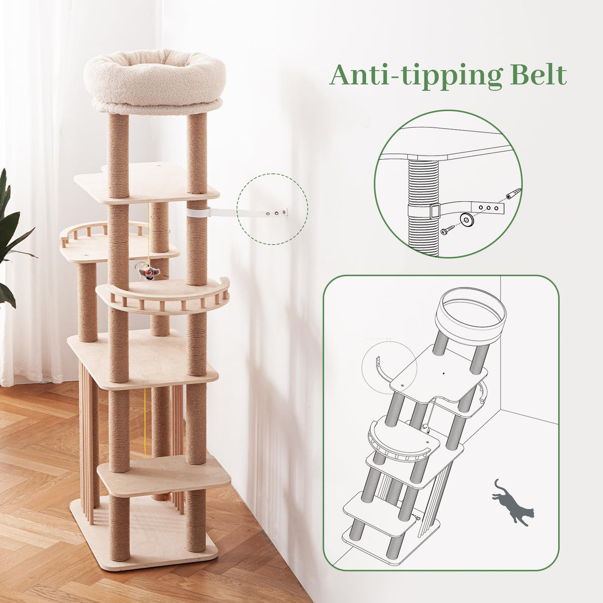 Choc chick Wood Cat Tree for Indoor Cats Large Adult, 68 Inches Tall Multi Level Cat Tower with Scratching Post Sisal-Covered, Modern Cat Tree Plush Cattery Chirping Bird Cat Toy Choc chick