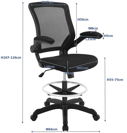 Modway Veer Reception Desk Flip-Up Arm Drafting Chair in Black