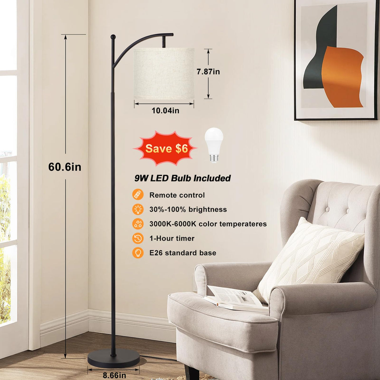 Ambimall 60" Floor Lamp with Remote Control and Stepless Dimmable Bulb, Colors Temperature & Brightness Adjustable, Modern Floor Lamps for Living Room（Beige Shade & Black Pole） Ambimall