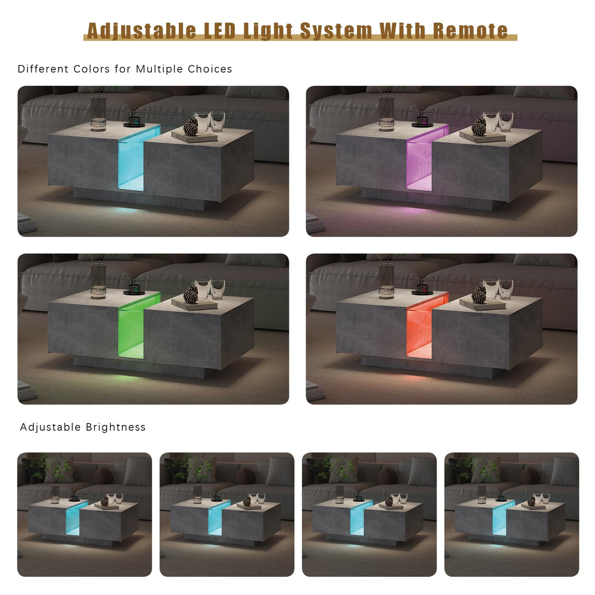 HedoAjim Grey Led Coffee Table for Living Room, Rectangular Living Room Table with Storage, Acrylic Coffee Tables with 2 Sliding Drawers, Wood Center Table for Reception Dinning Room HedoAjim