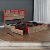Farmhouse Queen Bed Frame with Storage Drawers & Bookcase Headboard - LED Lights, USB Charging Station, Sliding Barn Door, Wooden Platform Bed No Box Spring Needed Rustic Oak Bedroom Furniture Set SLEERWAY