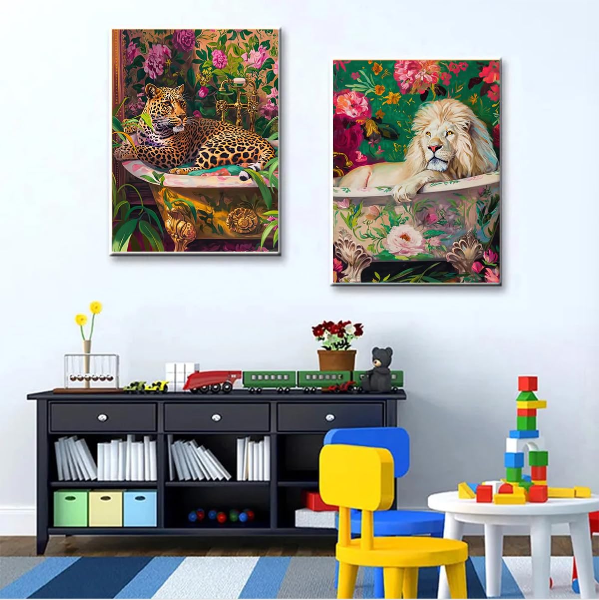 Paint by Numbers kit for Adults Beginner Bathroom Lion, Easy Paint by Number Kits on Canvas Retro Flowers Acrylic Painting Home Decor, 12 x 16 Inch Peeua